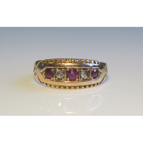 1799 - An Antique 15ct Gold, Ruby and Rose Cut Diamond Five Stone Ring, size H, 1.6g. Resized