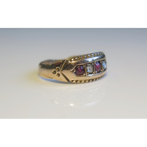 1799 - An Antique 15ct Gold, Ruby and Rose Cut Diamond Five Stone Ring, size H, 1.6g. Resized