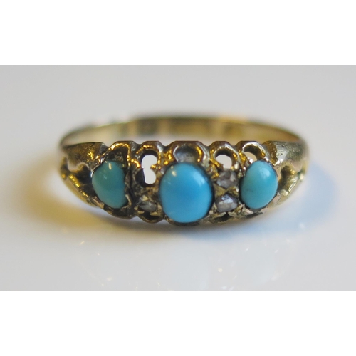 1800 - A 15ct Gold, Turquoise and Rose Cut Diamond Ring, size K.5, 1.4g. One diamond missing