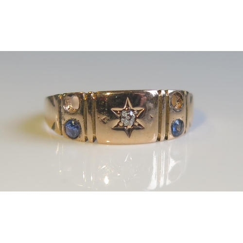 1804 - A Victorian 15ct Gold, Sapphire and Diamond Ring, Birmingham 1887?, size M, 1.6g. Two sapphires miss... 