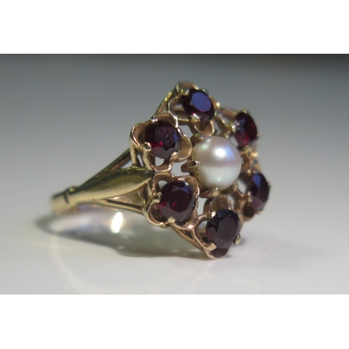 1839 - A 9ct Gold, Six Garnet and Half Pearl Cluster Ring, 18mm head, size M, 3.5ct