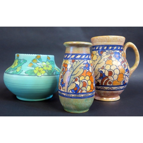 187 - Three Crown Ducal Charlotte Rhead Pottery Pieces, jug 21cm