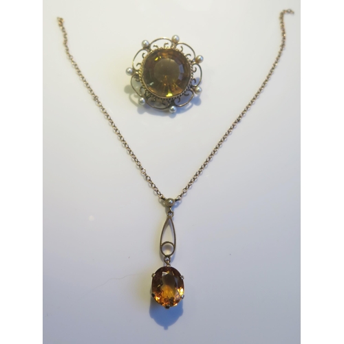 1877 - A 9ct Yellow Gold, Citrine and Pearl Brooch and similar necklace. Brooch pin damaged, 28mm diam. Nec... 