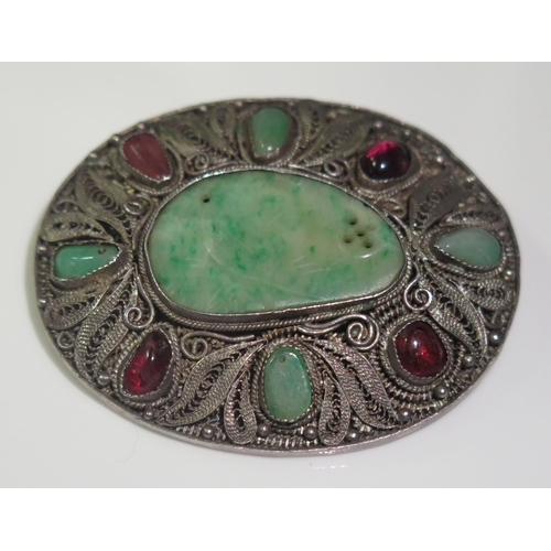 1889 - A Chinese Carved and Pierced Jadeite Silver Filigree Brooch, 48x38mm