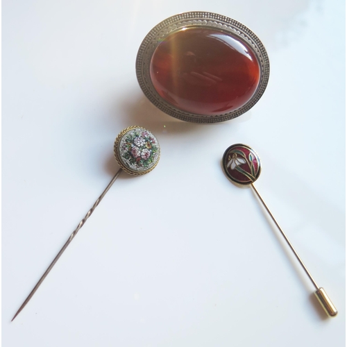 1894 - A Micromosaic Stick Pin, one other and silver and agate brooch and odd earrings