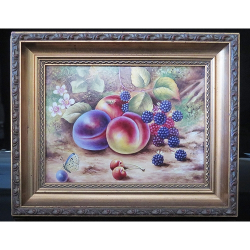 189C - Terence Nutt (former Royal Worcester painter) Ceramic Plaque decorated with fruit and a butterfly, 1... 