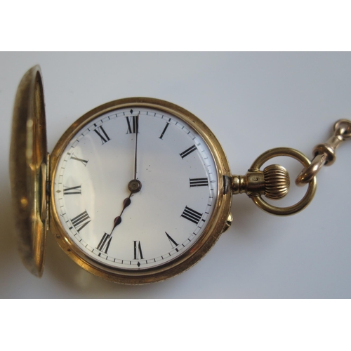 1901 - A Fine 18K Gold Ladies Half Hunter Fob Watch with chased foliate decoration and pink guilloché ename... 