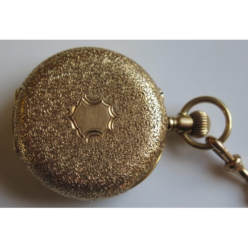 1901 - A Fine 18K Gold Ladies Half Hunter Fob Watch with chased foliate decoration and pink guilloché ename... 