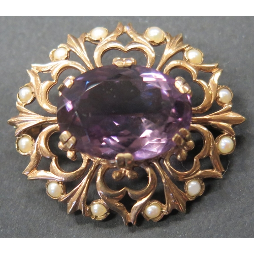 1908 - A 9ct Gold, Amethyst and Half Seed Pearl Brooch, 33x29mm, 7.2g