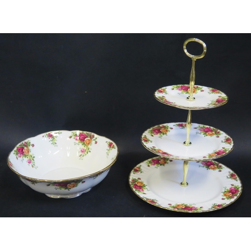 196d - A Royal Albert Old Country Roses Three Tier Cake Stand and 10