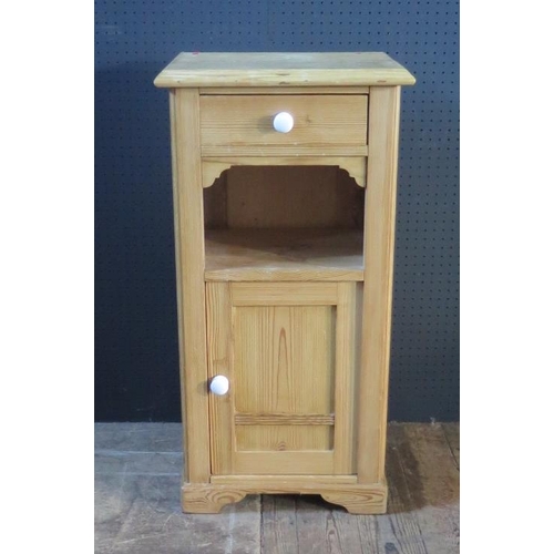 210 - Pine Bedside Cabinet.  With top drawer and door below.  
H. 82.5cm, W. 42cm, D. 38cm