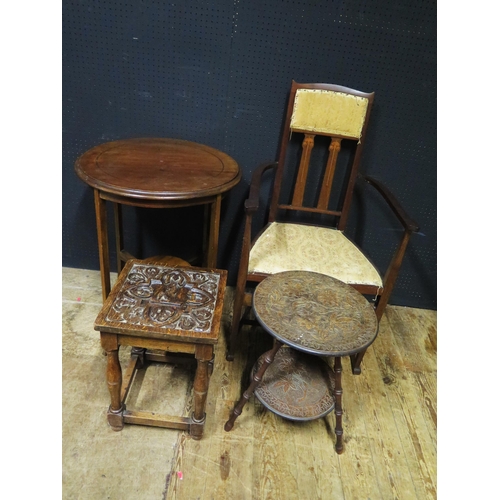 218a - A Art Nouveau Carver Chair, Mahogany Side Table & Two Small Carved Occasional Tables .