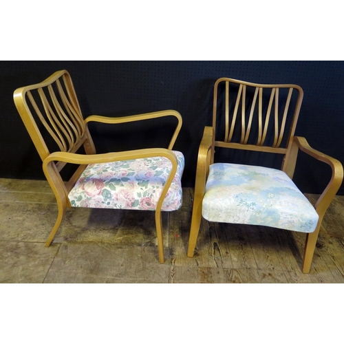 233 - Pair of Retro Chairs with Steamed Wood Frames.  Sprung upholstered Seats.  H. 74, W. 58cm, D. 85cm.