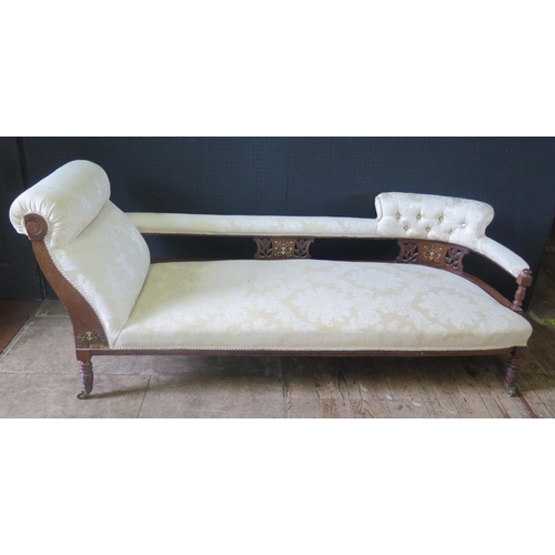 248 - Edwardian Chaise Lounge.  With carved and inlaid back panel.  Turned legs with Castors.  L. 182cm, H... 