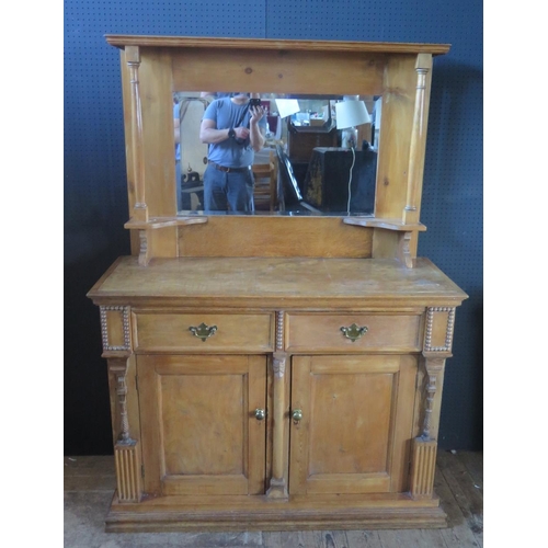 253 - Antique Wood Sideboard with Bevelled Mirror above.  Brass fittings.  H. 168cm, W. 120cm, D. 47cm