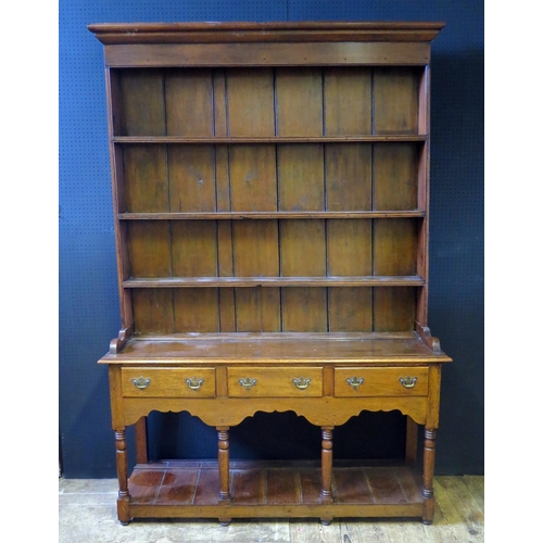 255 - Antique Oak Dresser.  Base with three Drawers, Brass Handles.  Top part with three Shelves.  H. 211c... 