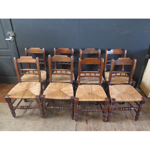 264 - Set of Eight Antique Wood Chairs.  Turned front Legs.  Rush bound Seats.