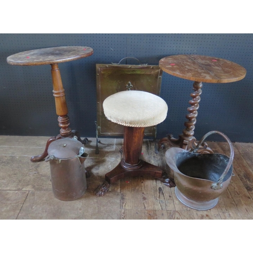 266c - A 19th Century Rosewood Stool, two occasional tables, copper coal  helmet, jug and fire screen