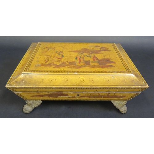 287 - A 19th Century Yellow Japanned Two Handled Hinged Casket resting on four lion paw feet, 34(w)x27(d)c... 