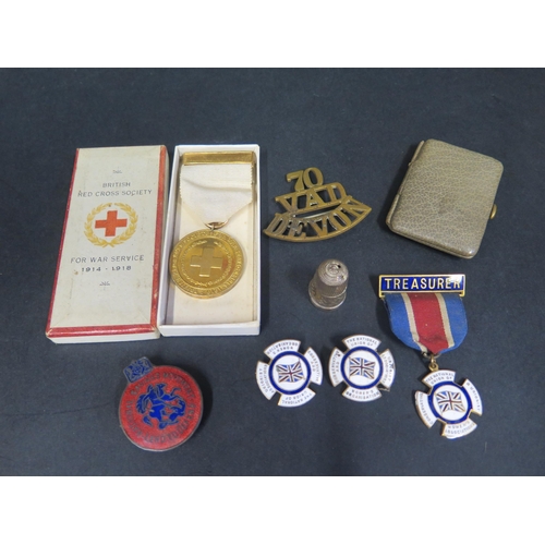 293 - A 70 VAD DEVON Regiment Badge, silver thimble, WWI British Red Cross War Service medallion, etc.