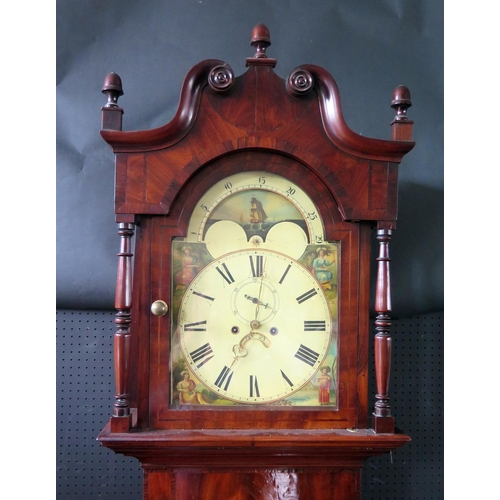 300 - A Victorian Mahogany and Crossbanded Longcase Clock, the painted dial decorated with a sun, ship, mo... 