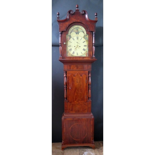 300 - A Victorian Mahogany and Crossbanded Longcase Clock, the painted dial decorated with a sun, ship, mo... 