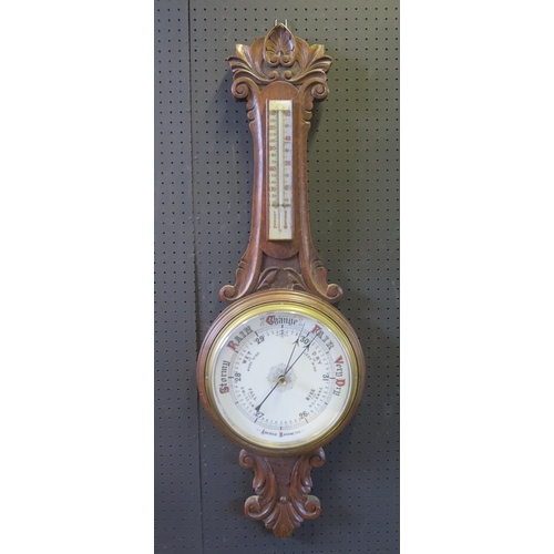 301 - Edwardian Carved Oak Aneroid Banjo Barometer,  20cm dial  105cm tall