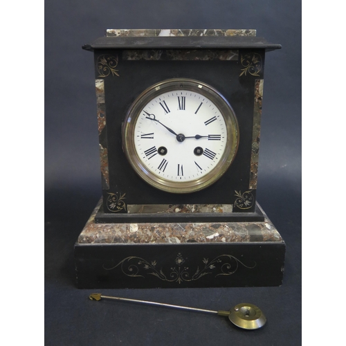 313 - Victorian Slate and Marble Mantle Clock.  White enamelled 9.5cm dial.  With Brass Movement marked JJ... 