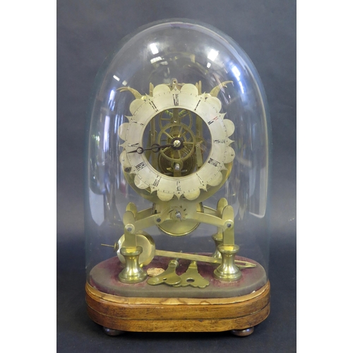 319a - Antique Brass Chain Driven Fusee Skeleton Clock.  Silvered Dial.  23cm tall.  On Wood Base, under Gl... 