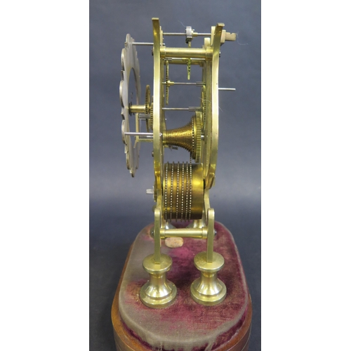 319a - Antique Brass Chain Driven Fusee Skeleton Clock.  Silvered Dial.  23cm tall.  On Wood Base, under Gl... 