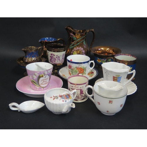 357 - A Selection of 19th Century Copper Lustre Ceramics and moustache cups and saucers