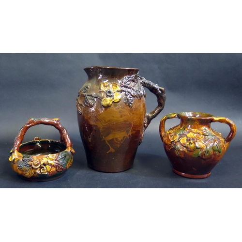 374 - A Large West Country Longpark Pottery Jug (24cm), squat two handled vase and basket