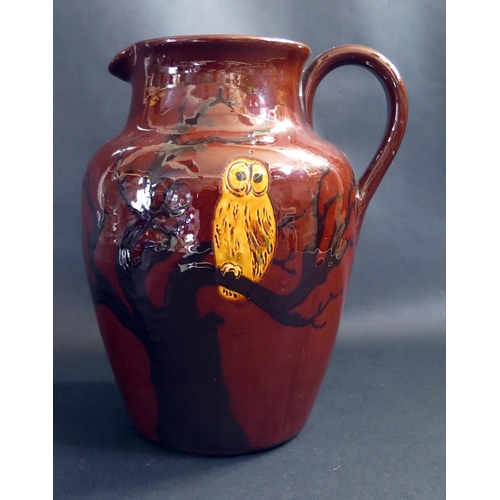 383 - A Large West Country Longpark Pottery Jug decorated with an owl, signed and dated 1927, 27cm