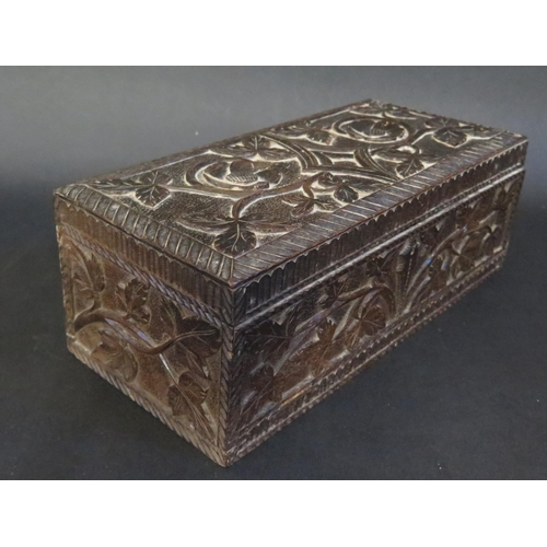 417 - Antique Carved Wood Box.  Hinged Lid and Front.  31cm long.