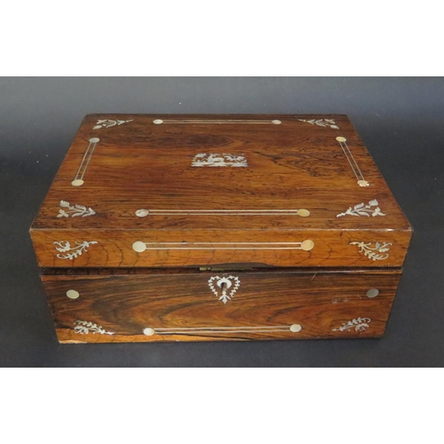 420 - Antique Wooden Box with MOP inlaid decoration.  Plain interior.  30cm long,