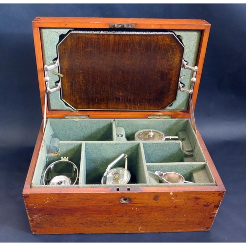 423 - Antique Wood Box with Fitted Interior to hold EPNS Tableware.  Spirit Kettle, Tray, Jug and Sugar Bo... 