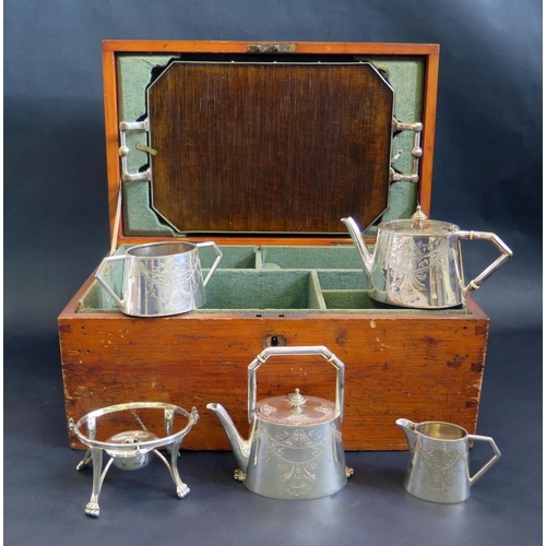 423 - Antique Wood Box with Fitted Interior to hold EPNS Tableware.  Spirit Kettle, Tray, Jug and Sugar Bo... 