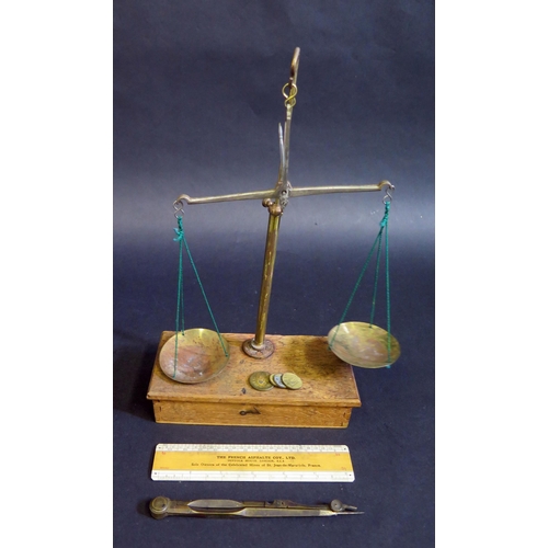 429 - Cased Antique Set of Balance Scales.  Oak case containing Apothecary Weights.  Also Ruler and Pair o... 