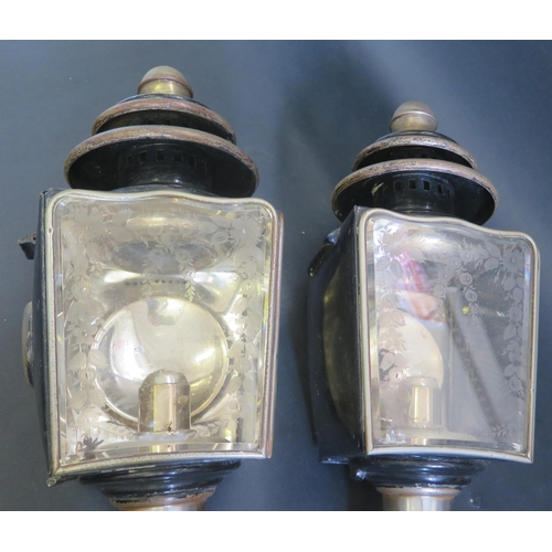 442 - Good pair of Coaching Lamps.  Both with two Glass Panels with engraved Foliate designs.  Each marked... 