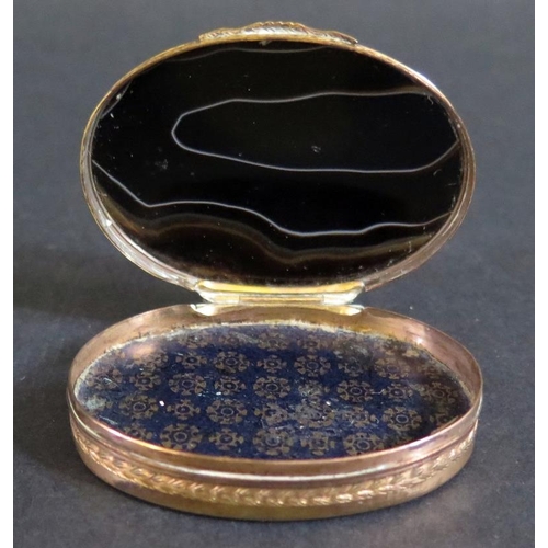 503 - A 19th Century Banded Agate and Papier Mache Snuff Box with mother of pearl inlay, 6.5x5cm