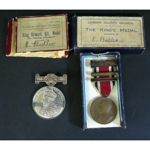 510 - A King Edward VII London County Council Punctual Attendance Medallion and The King's Medal with 1913... 