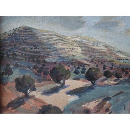 53 - Sarah Chalmers, Terraced Hill _ Spain, oil on canvas, New Grafton Gallery label verso _ exhibited 27... 