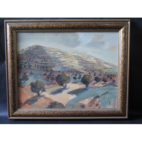 53 - Sarah Chalmers, Terraced Hill _ Spain, oil on canvas, New Grafton Gallery label verso _ exhibited 27... 