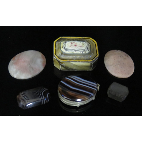 530 - A 19th Century Miniature Painted Tin Box (40x28mm), banded agate locket, specimen stones etc.