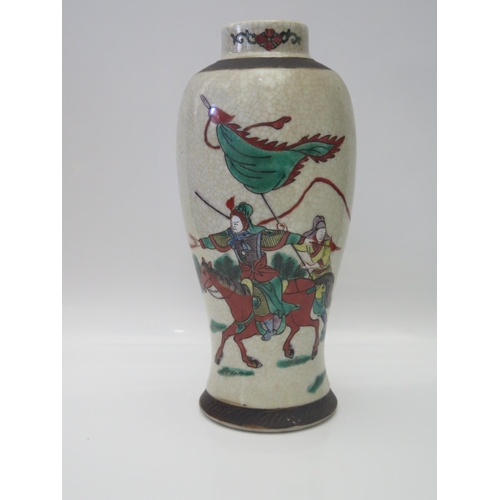 617 - A Chinese Crackle Glazed Vase decorated with warriors on horseback, four character mark to base, 26c... 