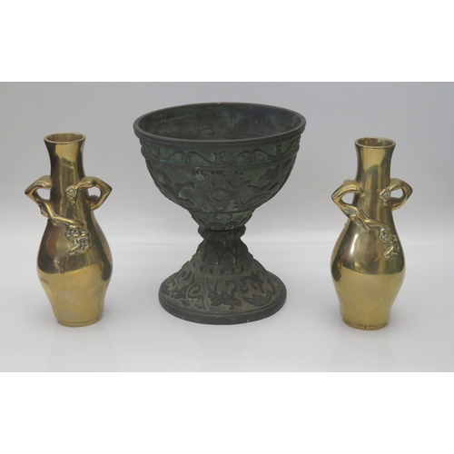 624 - A Pair of Prunus Decorated Vases (17cm) and bronze vessel