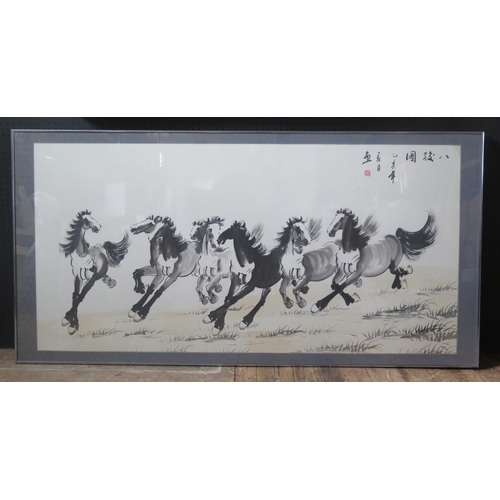 626 - A Large Chinese Picture of Horses, 133x65cm, framed & glazed