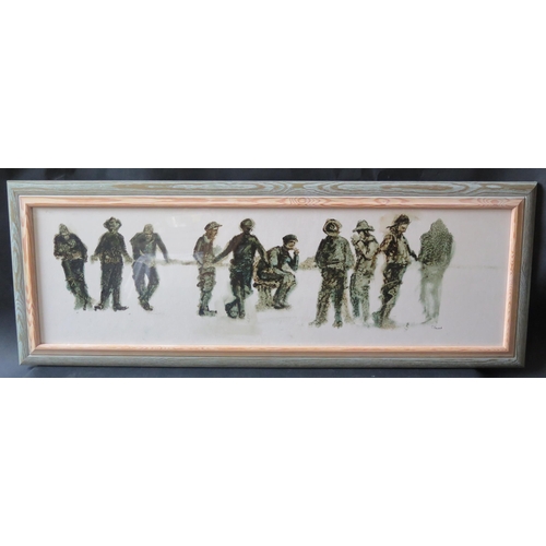 63 - Signed original painting of male figures, 79x23.5cm, framed & glazed