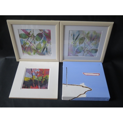 65 - Debbie Coles, 'Wildfire', acrylic on card, 15cm sq., mounted. Pam Thom, Harmony II and Harmony III, ... 