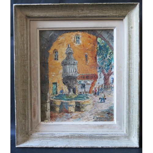 76 - A Signed Mediterranean Street Scene with water fountain, oil on board, 25.5x20.5cm, framed